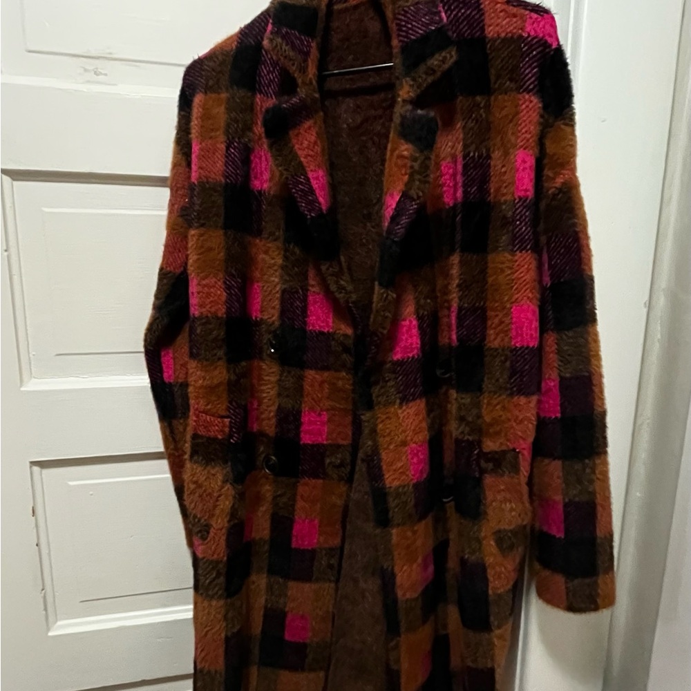Anthropologie women’s brown and pink plaid long coat